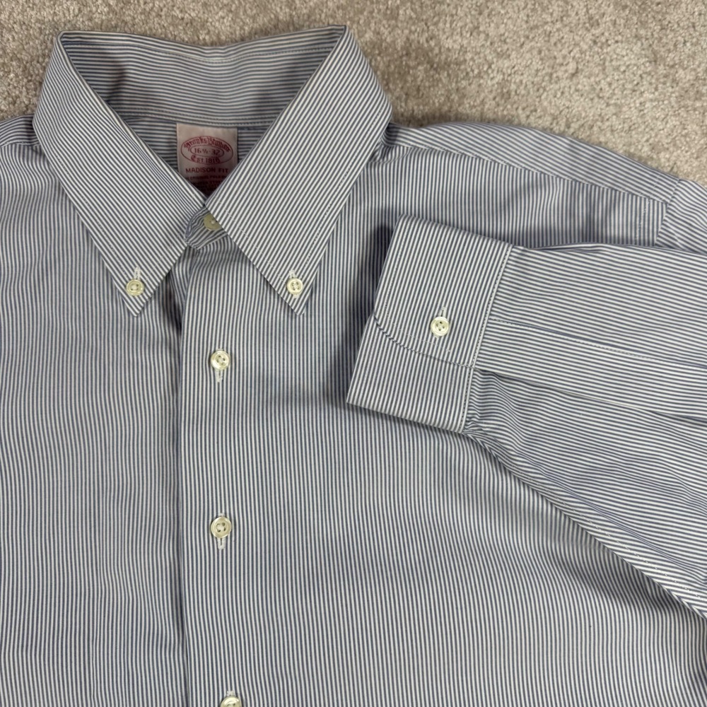 Brooks Brothers Madison Fit Non-Iron Stretch Shirt Blue White Stripe 16.5 32